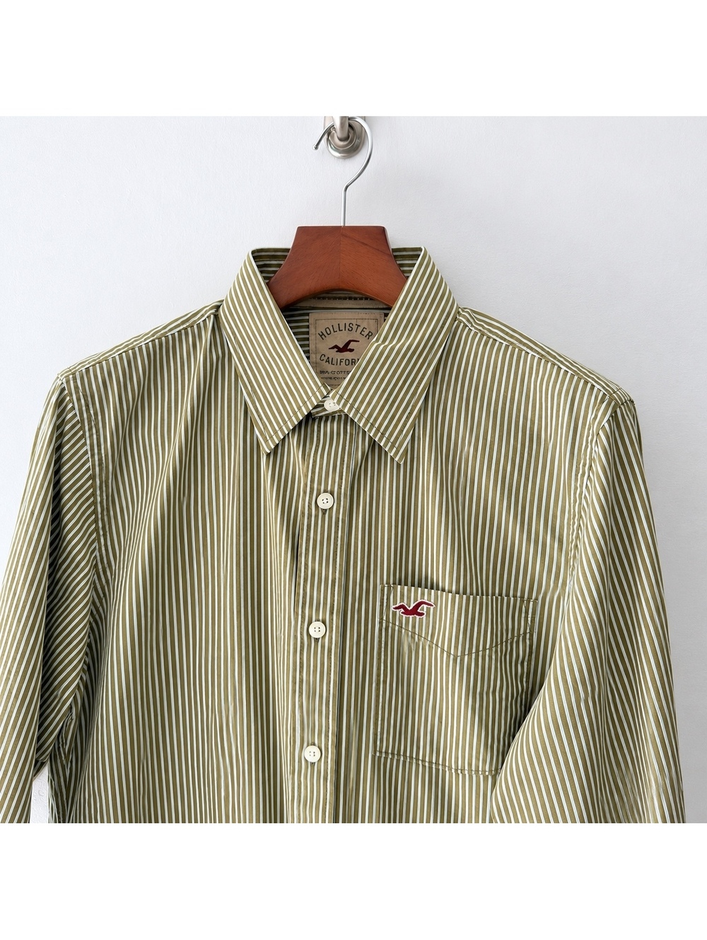 Hollister Y2K Olive Green Striped Button Up Shirt Preppy Coastal Mens Fits Med